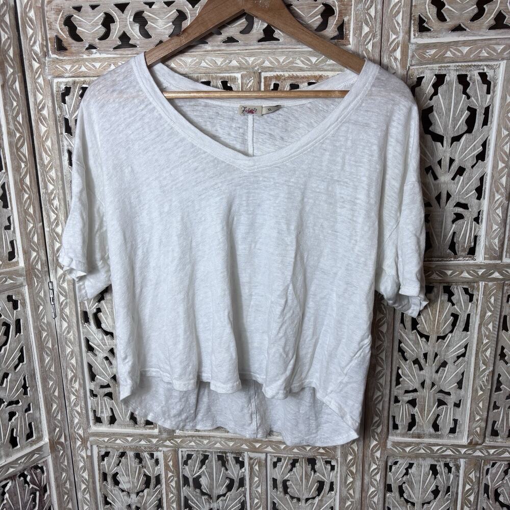 Faherty Women's 100% Linen V-Neck High Low Short Sleeve Tee Shirt White Size XL
